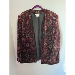 TAN JAY, VINTAGE OPEN BLEZER‎ JACKET 20W MULTICOLOR FLORAL  VELVET  LINED POCKET